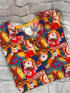 Scarecrow Fall Halloween Autumn Harvest Scrub Top Small Two-Pocket V-Life - Picture 1 of 7