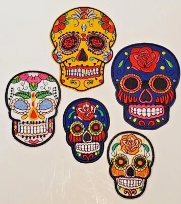 Iron on or Sow on Patches Dia de los Muertos Design (5 different sizes in pack)  - Image 1 of 4