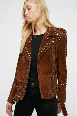Women American Native Brown Suede Western Style Leather Jacket with Studs - Image 1 of 4