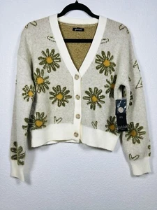 Girlish Floral Ivory Cardigan Sweater Size-XS, Long Sleeves, V- Neck - Picture 1 of 9