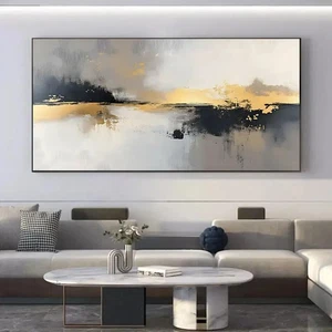 Pintura en lienzo abstracta con textura negra y dorada sin marco para vivir - Imagen 1 de 6