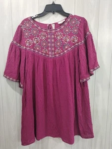 Dark Floral Embroidered Blouse Cotton Maroon Womens L Boho Hippie Fairy - Picture 1 of 8