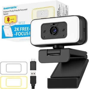 2K Webcam for PC/Mac w/ Light, Microphone, Tripod, Shutter, USB Computer Camera - Picture 1 of 7