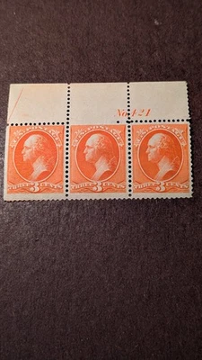 U.S. Stamp #214 plate strip of three mint lightly hinged, looks NH - Image 1 of 2