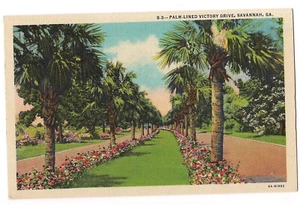 Palmen GEFÜTTERTE VICTORY DRIVE Savanne Georgia Postkarte GA Leinen Blumen Blüte - Bild 1 von 2