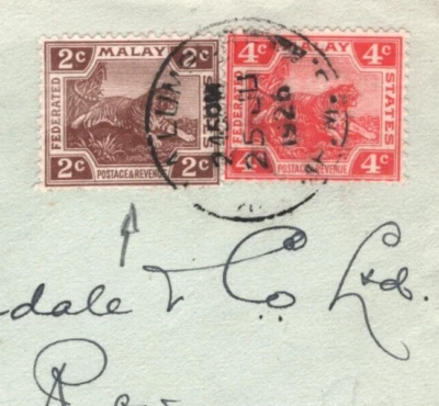 MALAYA FMS *TIGRES* Cubierta Tarifa 6c Kuala Lumpur 1926 Manchester {samwells}KA943 Foto 1 de 4