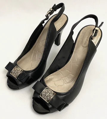 Giani Bernini Black Slingback Peep Toe Pumps 7 M Bow Embellished Womens Shoes - Image 1 of 4