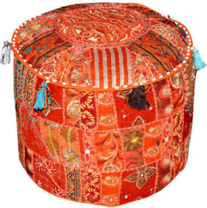 Indian Vintage Embroidered Patchwork Round Seating Pouf Cover Footstool Ottoman