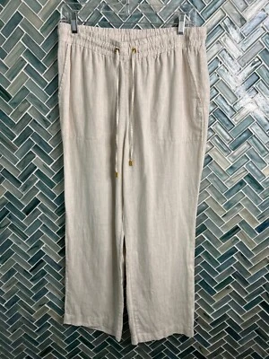 PANTALÓN MUJER ELLEN TRACY BEIGE BLANCO RAYAS PULLON CORDÓN 100% LINO MEDIANO Foto 1 de 4