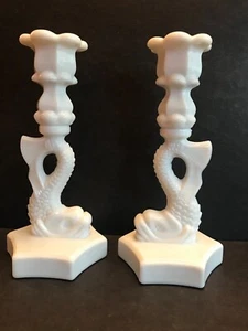 Westmoreland Milk Glass Dolphin Koi Fish Candle Holders 9.4" Vintage, Art Deco - Picture 1 of 12