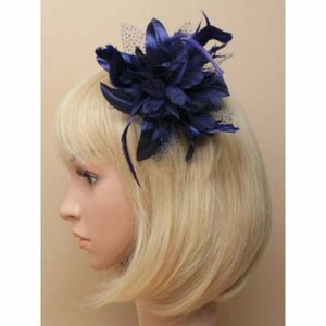 Navy blue fascinator comb with chiffon flower and feather tendrils