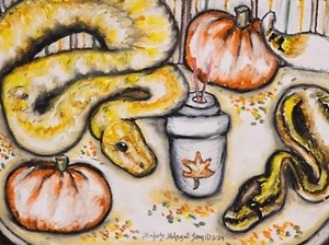 BALL PYTHON AUTUMN Art Print 11x14 Signed Artist KSams Pumpkin Spice Coffee - Picture 1 of 2