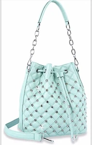 New Mint Green Quilted Studded Rhinestone Drawstring Hobo Handbag - Picture 1 of 5