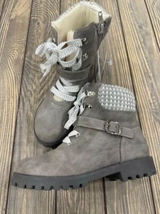 Mädchen graue Schnürstiefel mit Strickbündchen & Schnallendetail Größe 1 neu mit Etikett - Bild 1 von 6