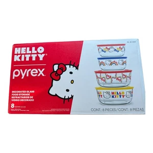 HELLO KITTY 8 PIEZAS PYREX RECIPIENTES DE ALMACENAMIENTO DE ALIMENTOS - ROJO, AZUL, AMARILLO - Imagen 1 de 3