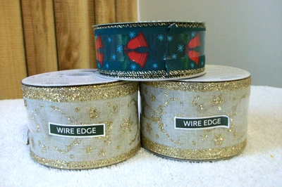 2 "Gold Reindeers 2.5" x 8.3 Yds (JoAnn's) Wire Edge Christmas Ribbon"  + BONUS - Image 1 of 3