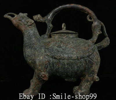 10.2" Old China Bronze Ware Inscription Duck Beast Respect Wine Tea Pot Flagon Foto 1 de 4