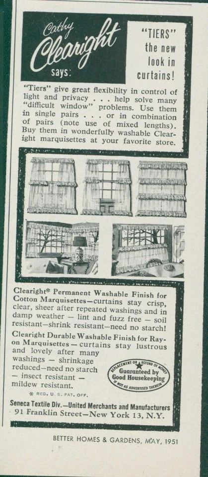 Cathy Clearight 1951 niveles de cortina nuevo aspecto Seneca textil vintage anuncio impreso BH1 Foto 1 de 1