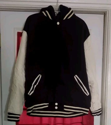 JH DESIGNS LEATHER AND WOOL VARSITY JACKET/W HOOD SPORTS BASEBALL/FOOTBALL  - Image 1 of 4