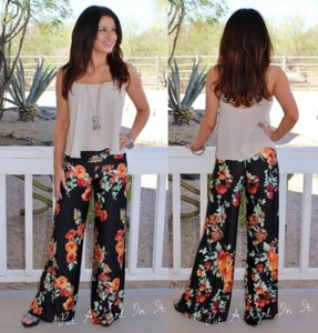 USA New JUP Womens FOLDOVER HIGH WAIST BOHO BLACK FLORAL SILKY PALAZZO PANTS S M - Picture 1 of 6