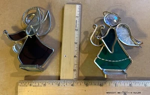 2 Different 5" Handmade Stained Glass &Metal Framed Angel Figurines on Platforms - Picture 1 of 5
