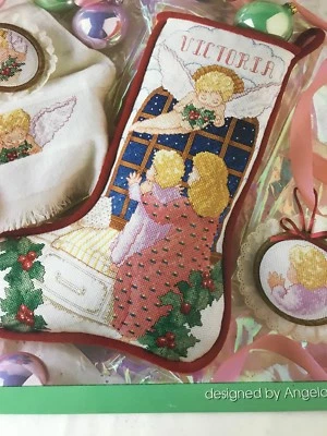 Christmas Stocking Cross Stitch Pattern Cherub Angel Baby Personalize watching - Image 1 of 4