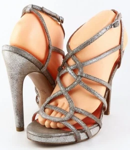 $225 VIA SPIGA PROMISE Silver Suede Metallic Designer Strappy Sandals Heels 6 - Picture 1 of 4