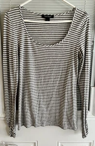 White House Black Market Top Gray White Striped Long Ruched Sleeves Sz S EUC - Picture 1 of 4