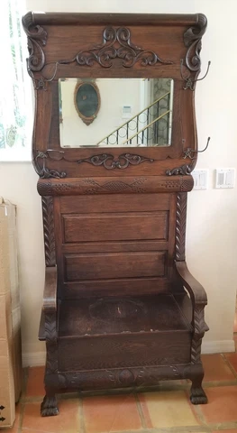 ANTIQUE AMERICAN EARLY 19 c.OAK HALL TREE w/ CLAW FEET & BEVELED MIRROR Cover