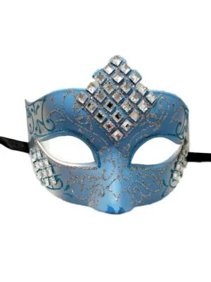 Máscara de mascarada veneciana con rollo de diamante plateado azul claro Foto 1 de 4
