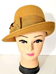 Cappello donna vintage Astre marrone senape 100% lana con fiocco elegante a righe a righe - Foto 1 di 9