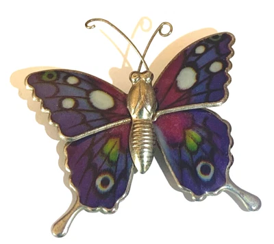 Broche Vintage Mariposa Colorido Púrpura Blanco Azul Negro Resina Tono Plata Foto 1 de 4