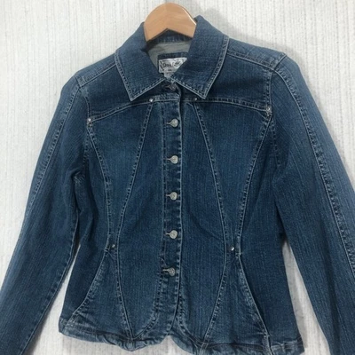 Live A Little Denim Jacket Womens Small Blue Button Up Rhinestone Accents - Image 1 of 4