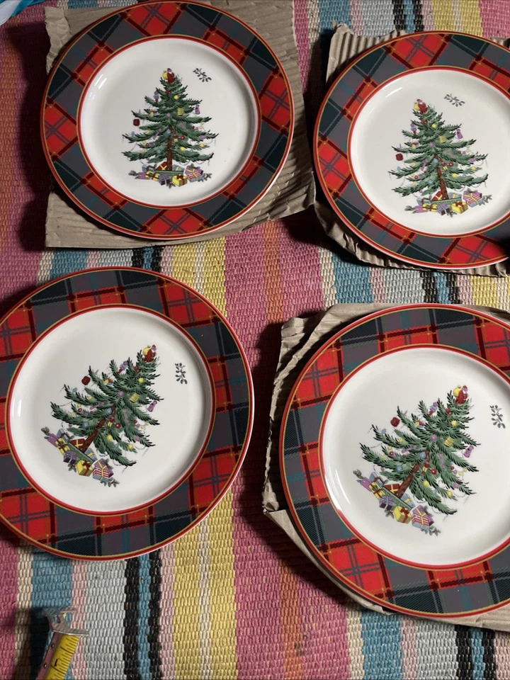 6) Spode Christmas Tree Tartan Salad Plate 7.75" Holiday Set of 6