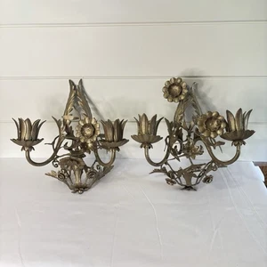 Pair Vintage Italian Tole Gilt Wall Sconces Floral Candle Holders One Damaged - Picture 1 of 18