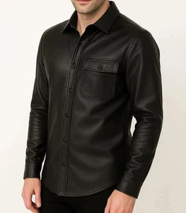 Men's Original Lambskin Leather Black Shirt - Slim Fit Biker And Classic Shirt - Picture 1 of 3