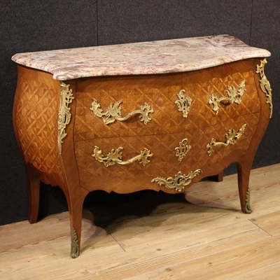 Commode meuble bois marqueté Louis XV style chiffonier marbre 20ème siècle - Photo 1/4