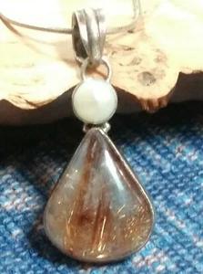 Vtg Sterling Silver Rutilated Quartz Pearl Pendant Necklace 24" Adjustable Chain - Picture 1 of 11