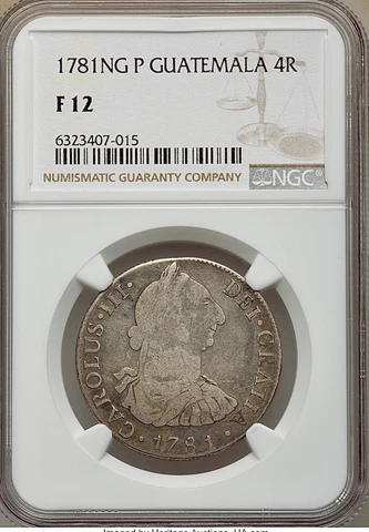 1781 Guatemala Mint Charles III 4 Reale Spanish Pillar Silver NGC Fine F 12 Cover