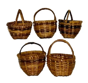 Set/5 VTG Miniature Handcrafted Wicker Easter Baskets Double Handle 2.25” - Picture 1 of 6