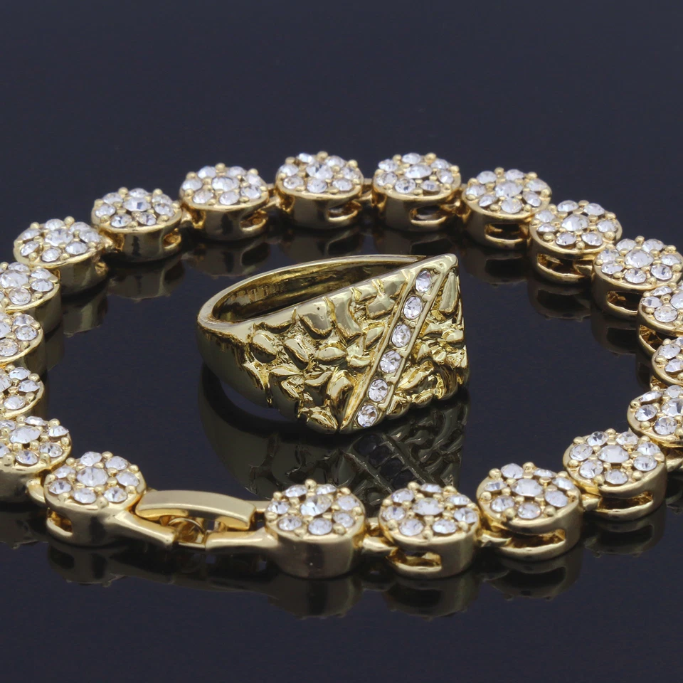 Men 2pc Cluster Cz Bracelet Icy Nugget Ring Set 14k Gold Plated Hip Hop - Image 1 of 1