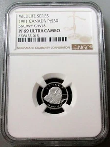 1991 PLATINUM CANADA $30 WILDLIFE SERIES SNOWY OWLS NGC PROOF 69 ULTRA CAMEO - Picture 1 of 3