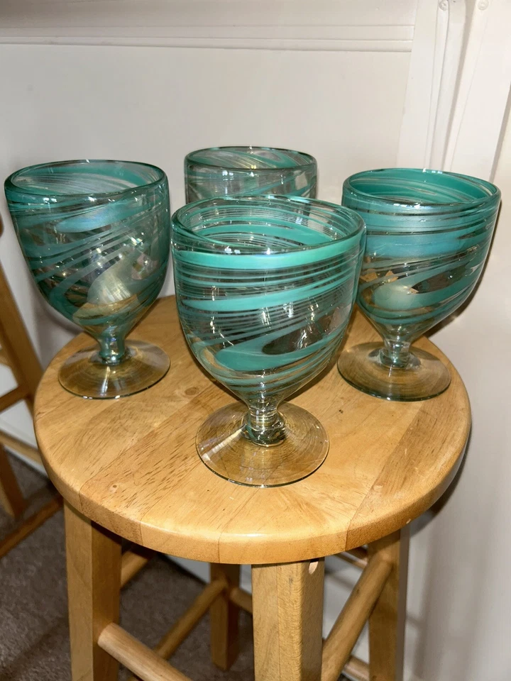 4件套人类学吹制玻璃葡萄酒高脚杯玻璃青绿色漩涡从未使用过 — 第 1/3 张图片