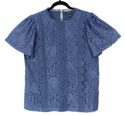 Blusa grande de manga corta forrada floral de encaje índigo vintage de cable y calibre para mujer Foto 1 de 4