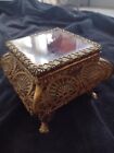 Vintage Lidded Glass Ormalu Filigree Box Casket Jewelry Box