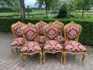 Dining Chairs Set 6 French Louis XVI Gold Leaf Red Damask Upholstered Antique - Picture 1 of 16