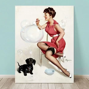 VINTAGE Pin-up Girl CANVAS PRINT Gil Elvgren  32x24" Neat Trick Cute Dachshund - Picture 1 of 1