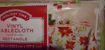 HOLIDAY TIME FLANNEL BACK VINYL TABLECLOTH 52 X 70" BIG POINSETTIAS ON GRAY - Image 1 of 4