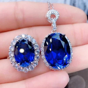 2pc Jewelry Set Oval Ocean Blue Topaz Gemstone Charm Silver Women Pendant Rings - Picture 1 of 6