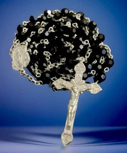 Catholic Faceted Black Glass Rosary, Genuine Pewter Crucifix Italy - Picture 1 of 6